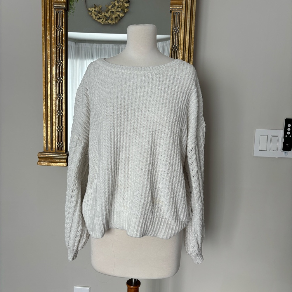 White Chenille Sweater with Cableknit Balloon Sleeves